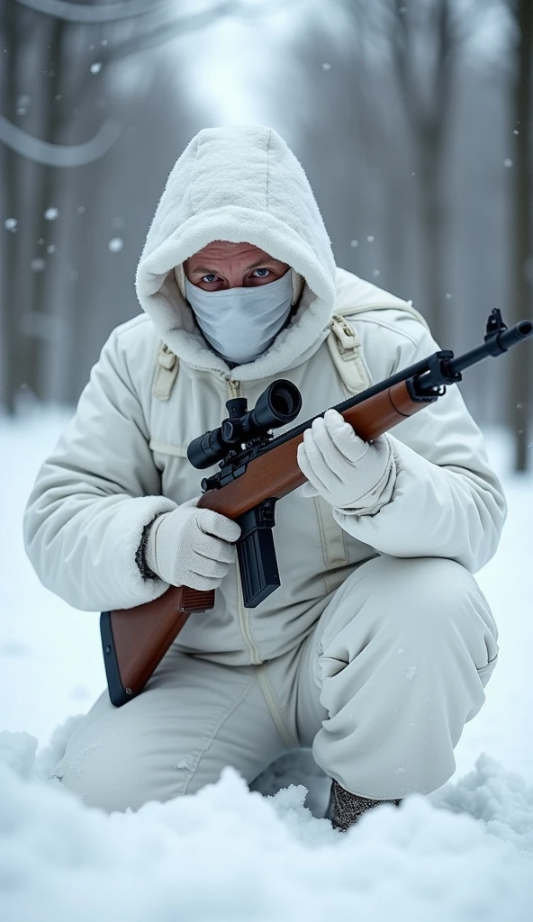 Finnish WWII sniper soldier fully covered in white camouflage from head to toe reloading his sniper rifle after a successful shot