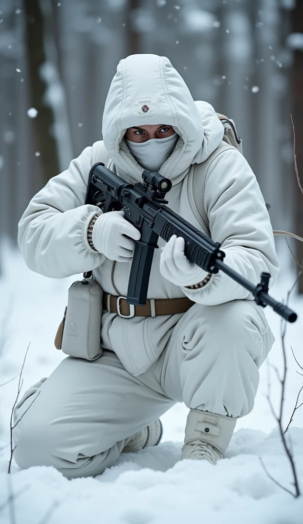 Finnish WWII sniper soldier fully covered in white camouflage from head to toe reloading his sniper rifle after a successful shot