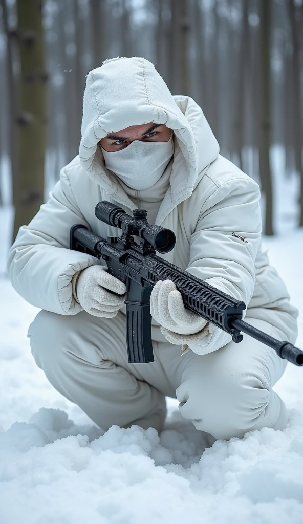 Finnish WWII sniper soldier fully covered in white camouflage from head to toe reloading his sniper rifle after a successful shot