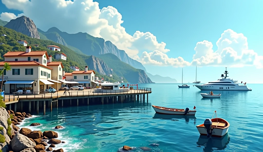 a rustic coastal town pier, view of the sea, fishing boats and a yacht in the water, clear and luminous day, cheerful and tranquil atmosphere, (best quality,4k,8k,highres,masterpiece:1.2),ultra-detailed,(realistic,photorealistic,photo-realistic:1.37),intricate details,dramatic lighting,vibrant colors,landscape,serene,peaceful,idyllic,picturesque