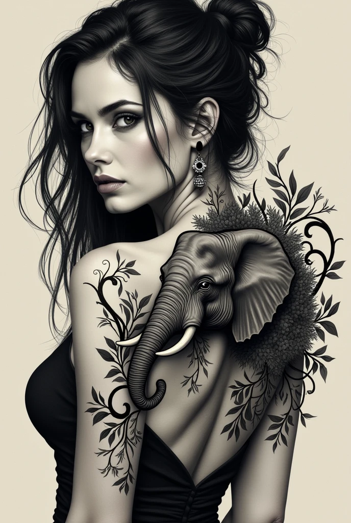 woman with a black tribal-style elephant tattoo on the upper right shoulder of back, the elephant tattoo is roughly 4 inches by 4 inches with the elephants trunk and tusk facing to the left, coming out of the trunk is connecting ivy and floral elements which wrap downwards to the woman's right ribcage