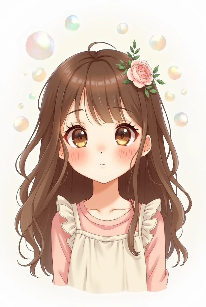 A cute and charming girl with long brown hair With big eyes and cheeks The charming pink printer Delicate drawing Kids White background