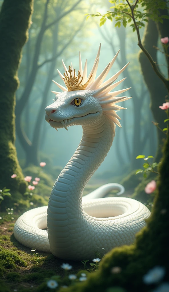 White snake wearing a crown、god秘的な森の中、Shiny scales、Symmetrical、god々Shii、Sunshine、Face facing forward、