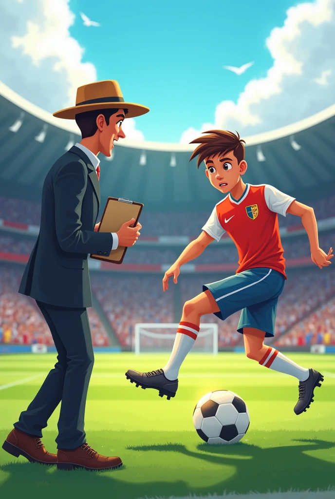 Cartoon of a talent scout watching and admiring a teenager's way of playing football