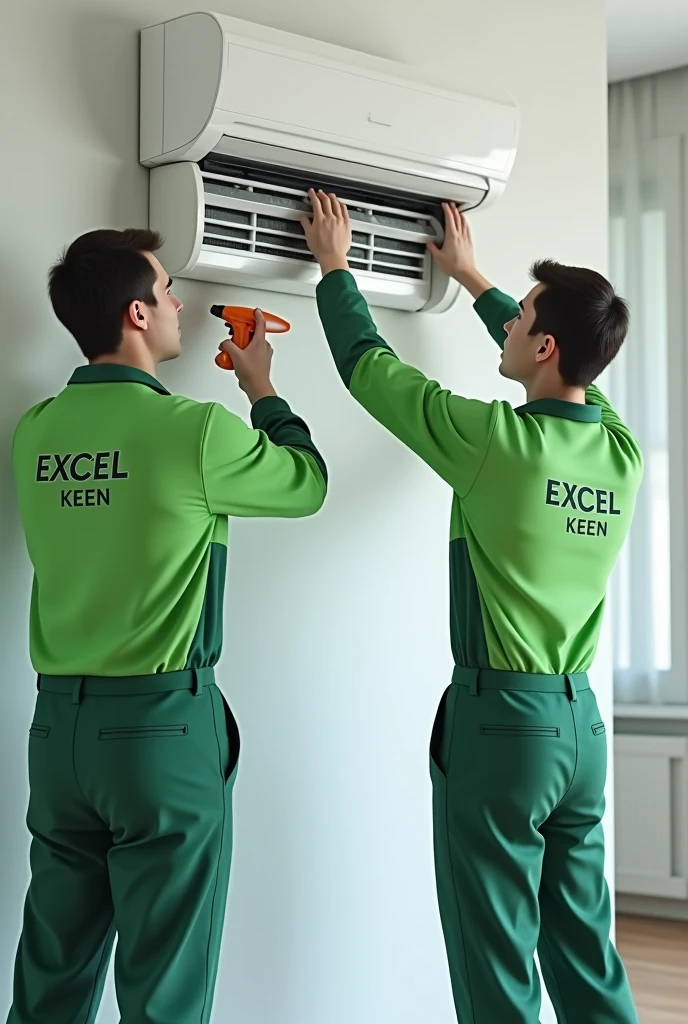 Technicians cleaning split type aircon indoor with "excel keen" As their green uniform