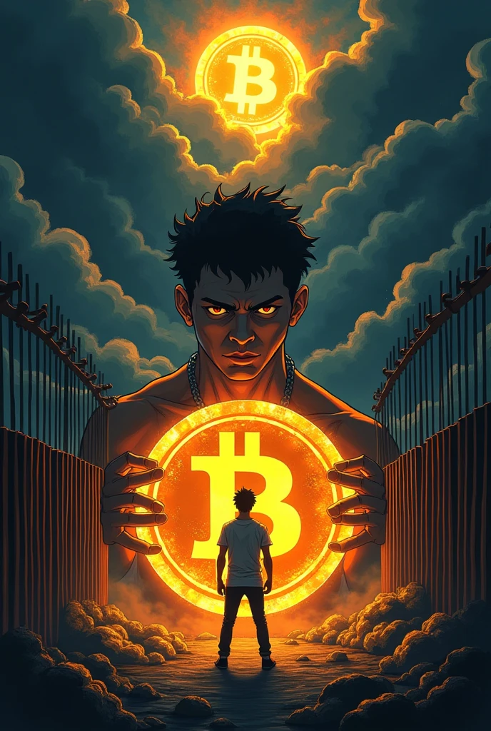 This anime-style AI image generator creates a striking visual featuring a Brazilian character ensnared by dark, oppressive elements, such as shadowy chains and looming barriers. The character, drawn with expressive, dramatic details, embodies the struggle against censorship. In sharp contrast, a glowing Bitcoin coin illuminates the scene with a vibrant, golden light, casting a hopeful glow over the dark surroundings. The radiant coin symbolizes a new era of freedom and technological advancement, highlighting the clash between repression and the promise of digital innovation.
