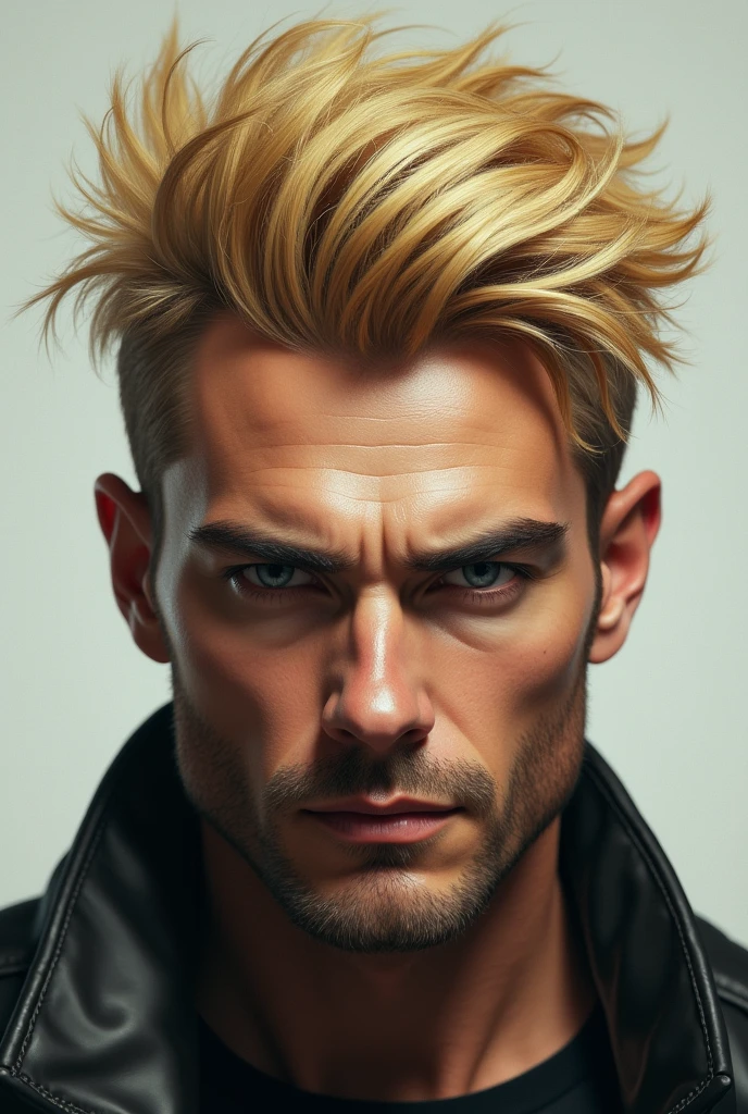 You could generate a portrait of a male person, with very marked features and gray eyes with a strong look , and blonde hair that you are like 2