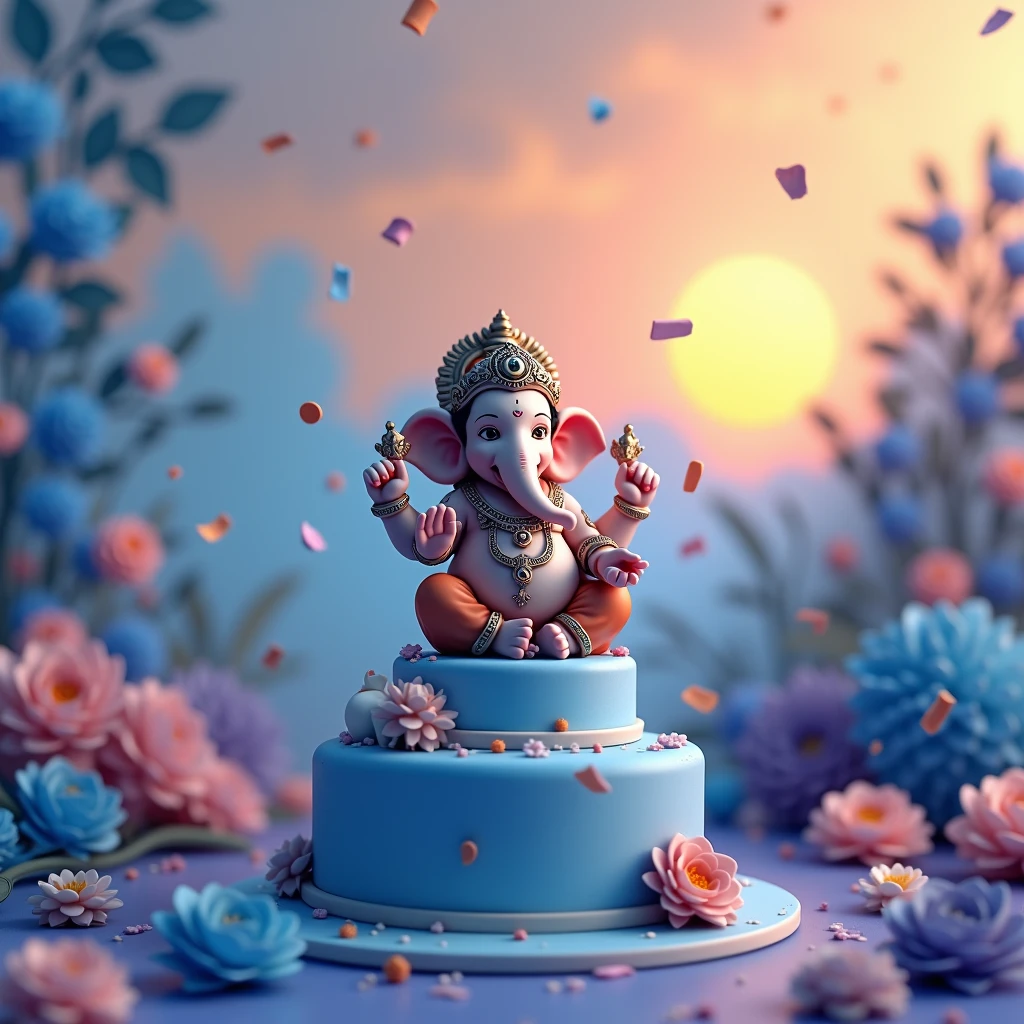 Imagine 3d animation image is a  small figurine of the Hindu deity Ganesha, also known as the Hindu god of wisdom and success. The figurine is sitting on a blue cake with a white mouse on top of it. The background is filled with blue and purple flowers and leaves, and there are confetti falling from the sky. The sky is a beautiful orange and blue color, and the sun is shining brightly in the top right corner. The overall mood of the image is peaceful and serene.