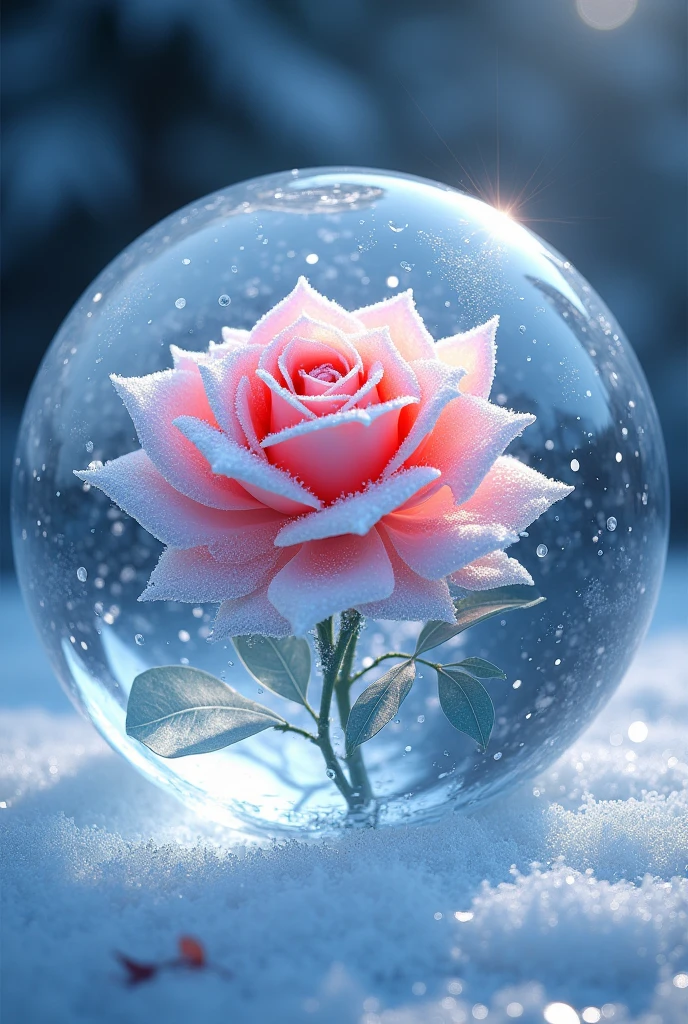 ((best quality,ultra-detailed,realistic:1.37),frozen shiny-dazzling diamond-rose-flower in an ice ball,transparent ice,beautiful detailed petals,delicate ice crystals,sparkling frost,subtle reflections,crystallized beauty,icy perfection,chilled elegance,vibrant colors,ethereal atmosphere,soft diffused light,best photo