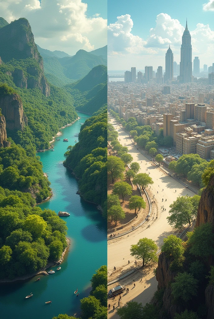 In one image a green area with water and in the other a city without water and without trees