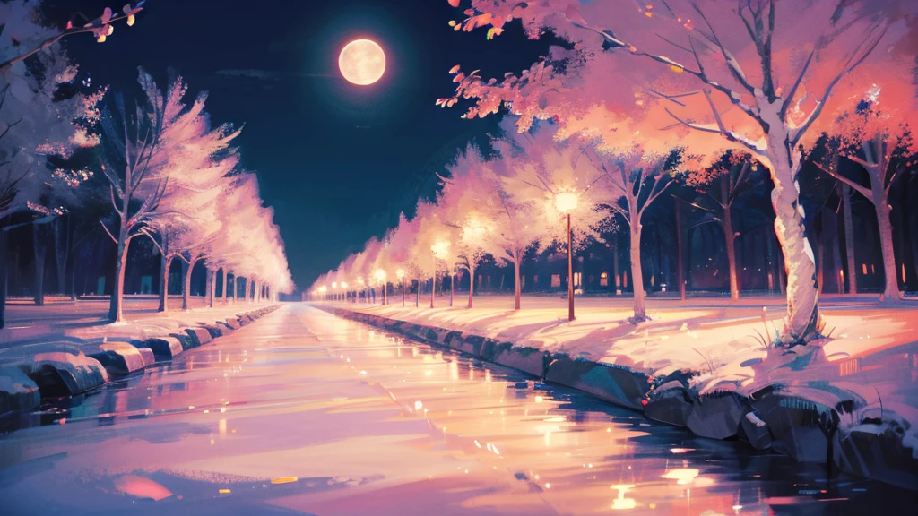 (Highest quality:1.2), Beautiful lo-fi minimalist vibe, Moonlit Path、Landscape Photography, Natural soft lighting, 8k resolution, shape, pastel four colors