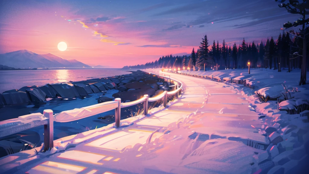 (Highest quality:1.2), Beautiful lo-fi minimalist vibe, Moonlit Path、Landscape Photography, Natural soft lighting, 8k resolution, shape, pastel four colors