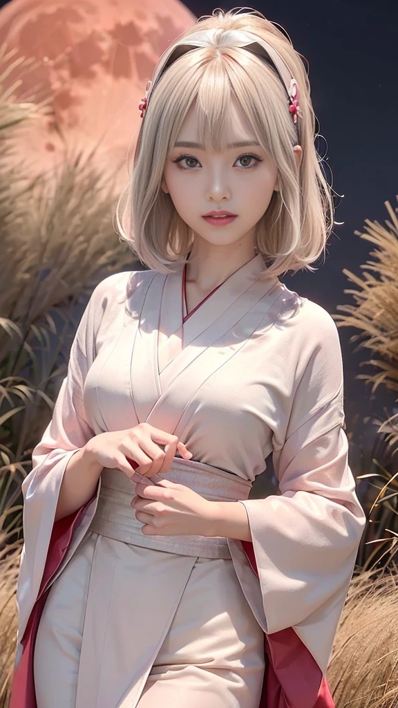 (Ultra high definition,Very sophisticated,Perfect Face,Age is 16,Highest quality,Realistic raw texture,Realistic,Natural smile,Pink platinum blonde,Sexy hairstyle:1.5),(Slender and exquisite physique,Stylish thin eyebrows:1.2),(see through,Japanese clothing,Japanese twelve-layered kimono,Bunny ears:1.4),(perfect body,perfect proportion,The torso is short,Red full moon and silver grass background,Time: Night:1.3),