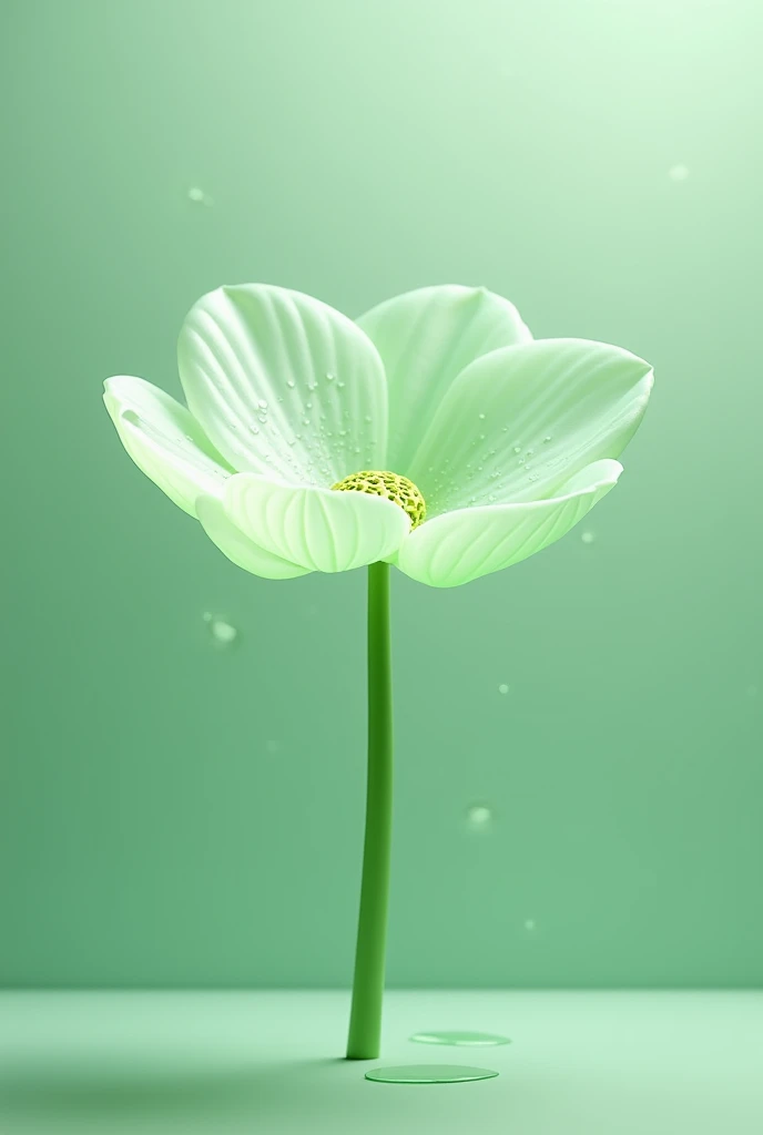 There is only one lotus leaf on the screen,The flowers are not blooming,Long stem,The lotus is made of jelly,Fresh light green,Morning dew glistens and there are many shiny droplets on the leaves.,No background