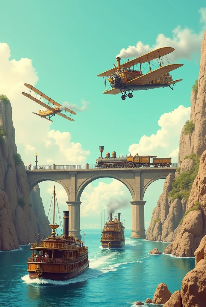 Old version of steamboat on an ocean at the foreground, a rocky bridge with arches at the bottom with the first version of a steam train on top is the middle ground, and Wilbur and Orville wright's airplane flying in the sky at the background. Make the image be wide and be easy to draw. Have a bright environment. Also make it a bit steampunk style.