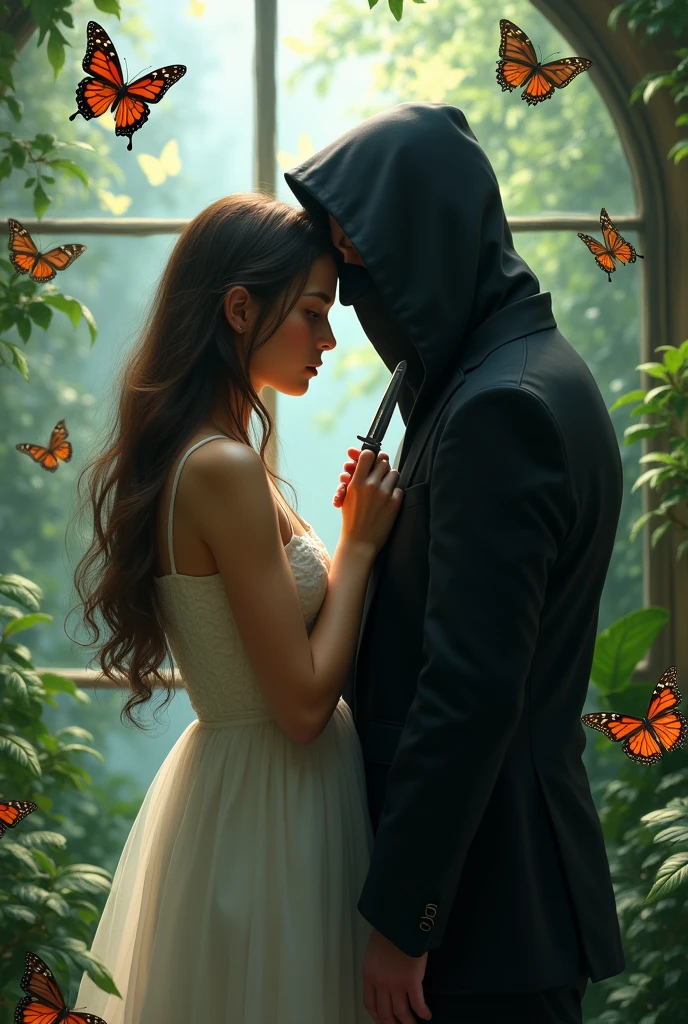 Create an image where a boy and a girl are inside a butterfly house. She has a white nightgown and long hair.. The boy has a black hooded suit. She has her back to him while he speaks in her ear. more realistic and both are separated. They are both adults. MORE ADULTS AND HE IS BEHIND HER. BOTH SEPARATED AND MORE BUTTERFLIES. SEPARATED PLEASE LET THEM BE SEPARATED. more butterflies and the girl is holding a dagger. She has a white nightgown on. more realistic. HE HAS HIS FACE MORE COVERED. They are face to face. Please improve it please improve it once more. THE FACE OF THE MOST COVERED PLEASE. She has the dagger at her neck. THE DAGGER IS CLOSER TO HIS BODY. more realistic. DON'T FORGET THE DAGGER NEAR HIS NECK. A DAGGER CLOSER. THE DAGGER IS IN HIS NECK AND MORE BUTTERFLIES PLEASE. THE DAGGER ON HER NECK HIS FACE IS MORE COVERED AND THE DAGGER IS BIGGER IT IS CLOSE TO HER NECK SO SHE GRIPS THE DAGGER WELL. more realistic Y UNA DAGA MEJOR