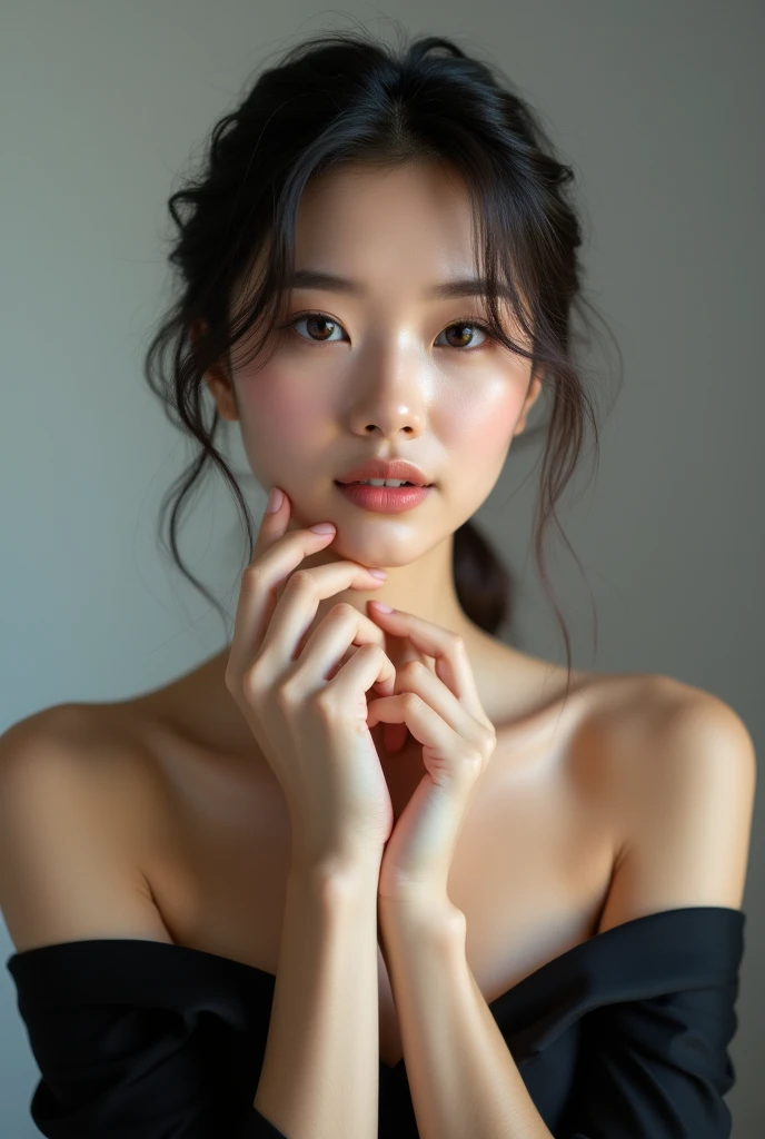 Studio portrait of an elegant Asian woman in her 20s. Wearing a black off-shoulder dress. Hands clasped near face, gentle expression. Flawless skin, subtle makeup. High-key lighting on neutral background. Sharp focus on facial features, capturing every detail.