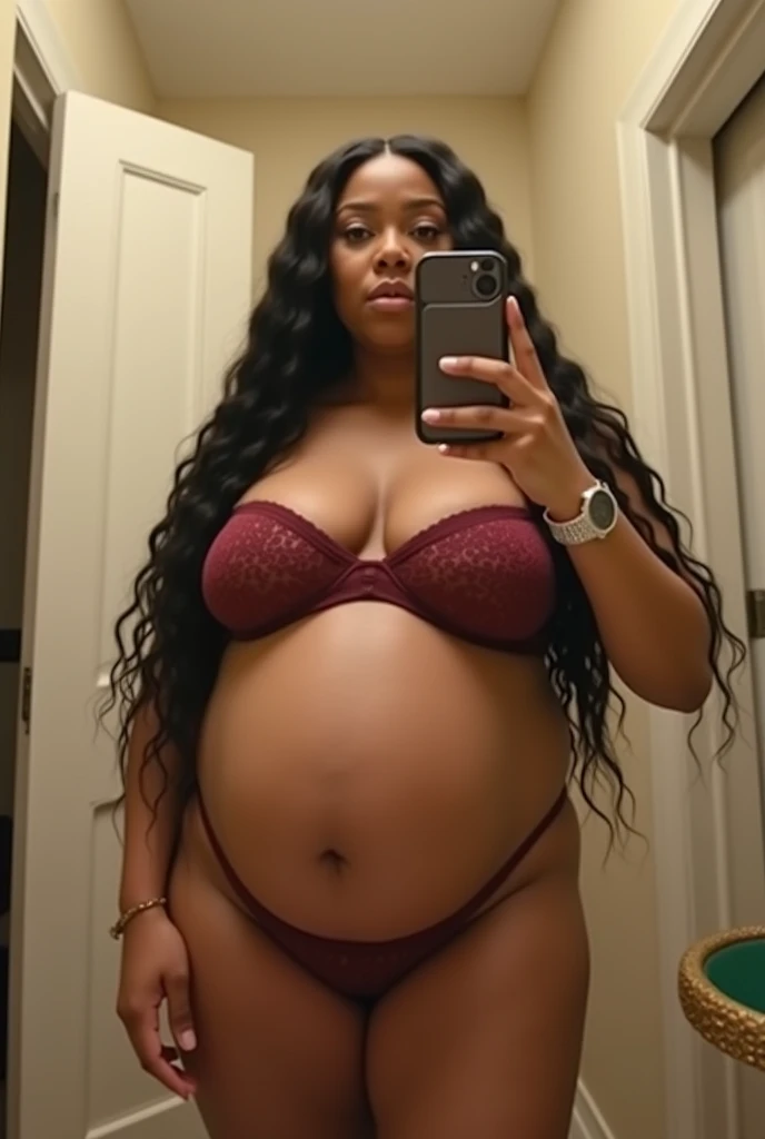 Pov fisheye camera view when fat mother Cardi B jumbo is 9 months 39 weeks pregnant taking a selfie wearing a bikini, wearing a watch while holding an iphone11 in front of the bathroom mirror with a big belly. HD, cinematic, 32k UHD, ultra detail, extra-high sharpen, masterpiece