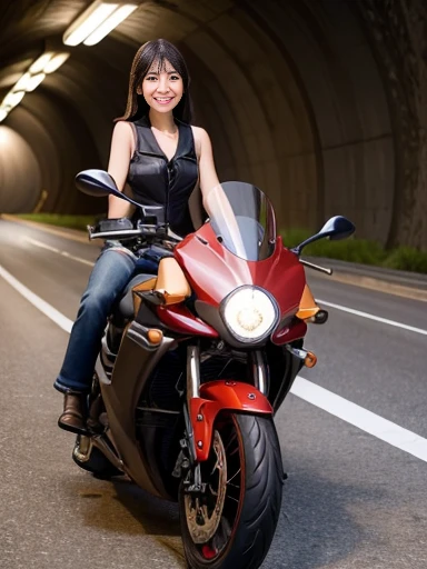 Japanese female, (underweight), (medium bust best quality:1.0), 30 years old, (cheerful grin:1.3),
tunnel, (motorcycle), (riding a motorcycle through a tunnel), semi long, ground-level shot,