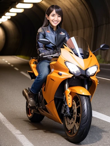 Japanese female, (underweight), (medium bust best quality:1.0), 30 years old, (cheerful grin:1.3),
tunnel, (motorcycle), (riding a motorcycle through a tunnel), semi long, ground-level shot,