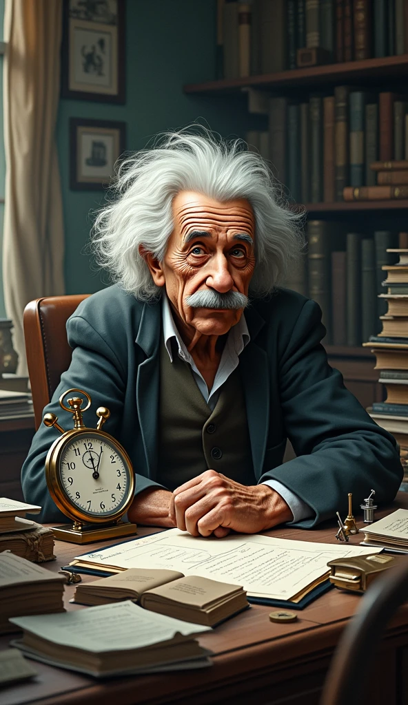 Einstein at a Desk**: Einstein sitting at a desk cluttered with papers and books, with a stopwatch prominently showing 20 seconds, emphasizing the idea of solving problems quickly.