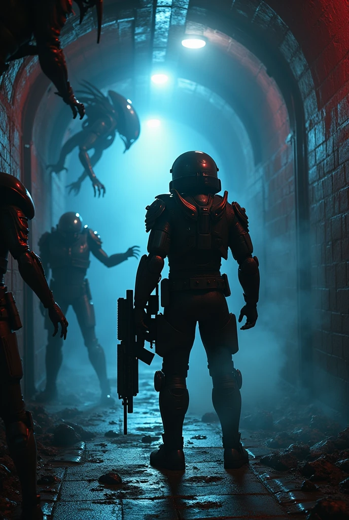 A colonial marine seen from behind in a dark tunnel, illuminated by flickering blue and red lights casting long, dramatic shadows. The marine, dressed in futuristic armor and holding a plasma rifle, is in a combat stance. The xenomorphs, terrifying creatures with shiny exoskeletons and open jaws, fill the hallway of the tunnel. Smoke rises from the ground, adding a sense of mystery and danger. The image is in a lowkey style, with acidic and saturated colors, and should be very detailed. The image should capture the moment just before the action erupts, focusing on the tension and bravery of the marine the xenomorpths are over the walls y el techo
