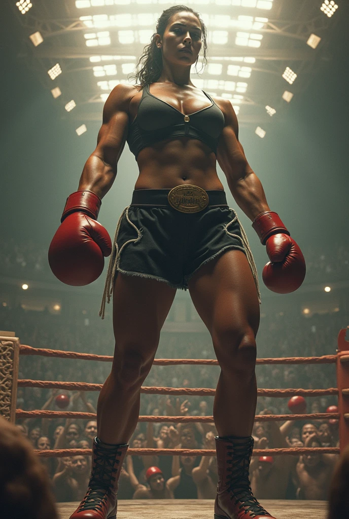 A very tall, muscular woman is going to box with a man. She started boxing and beat the man. The woman noticed something. She is getting taller every day. Let the match end tomorrow. Let the woman get a little taller. She can box at that height and crush the man with her foot. She gets even taller and gets more ambitious as she gets taller. She is now invincible. Let 30 people try to fight her.