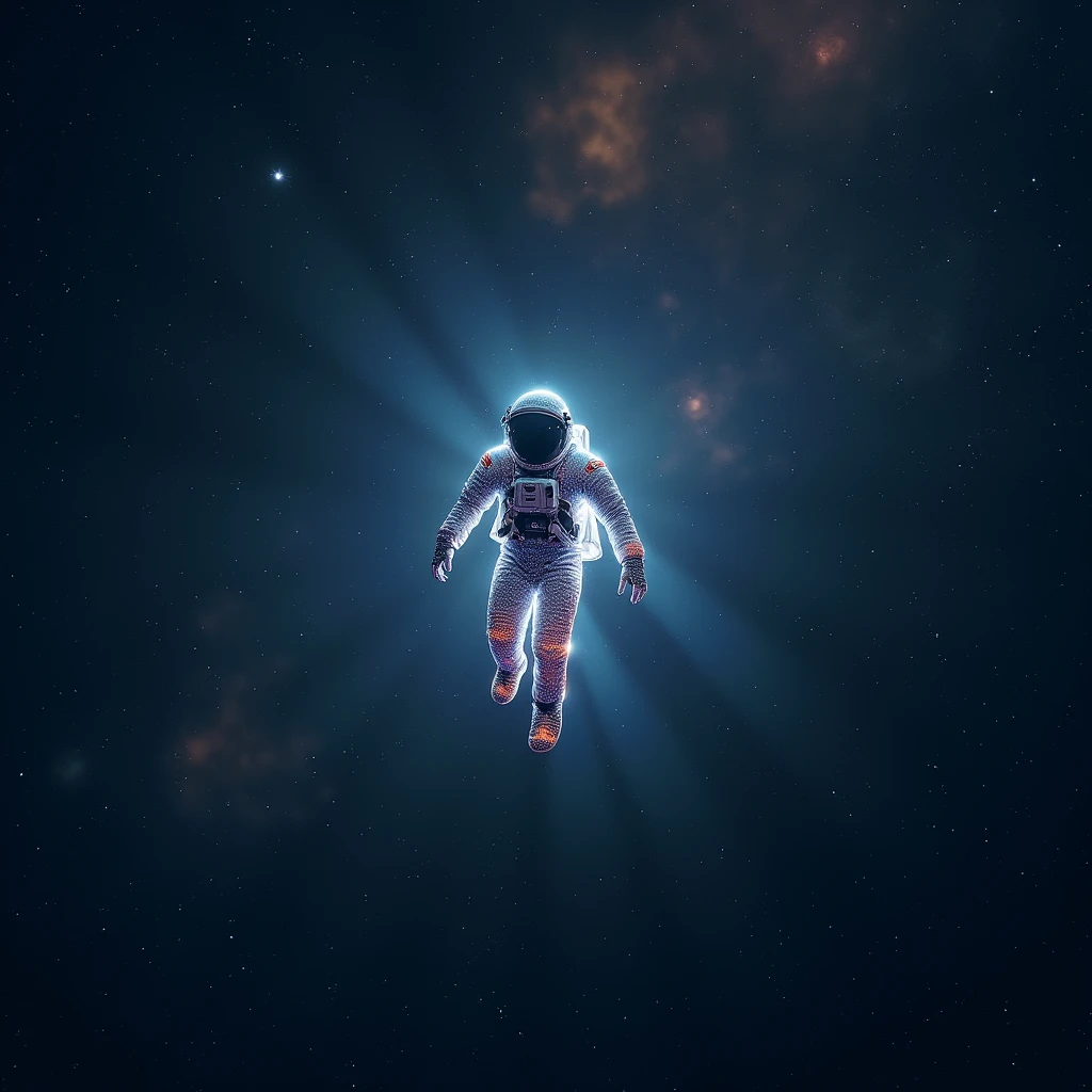 Astronaut in space. , shines , Many stars , constellations , galaxies , a shine comes out of his suit
