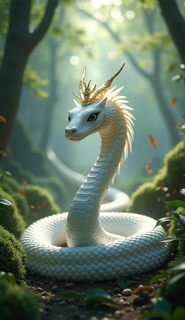 White snake wearing a crown、god mysterious forest、Shiny scales、Symmetrical、god々Shii、Sunshine、Face facing forward、
