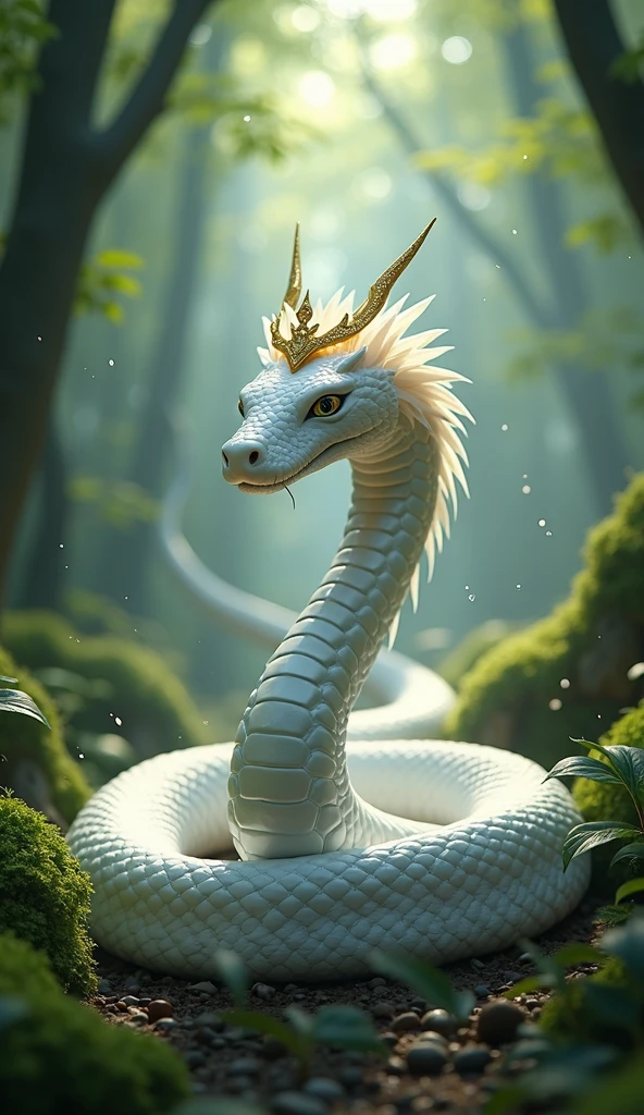 White snake wearing a crown、god mysterious forest、Shiny scales、Symmetrical、god々Shii、Sunshine、Face facing forward、