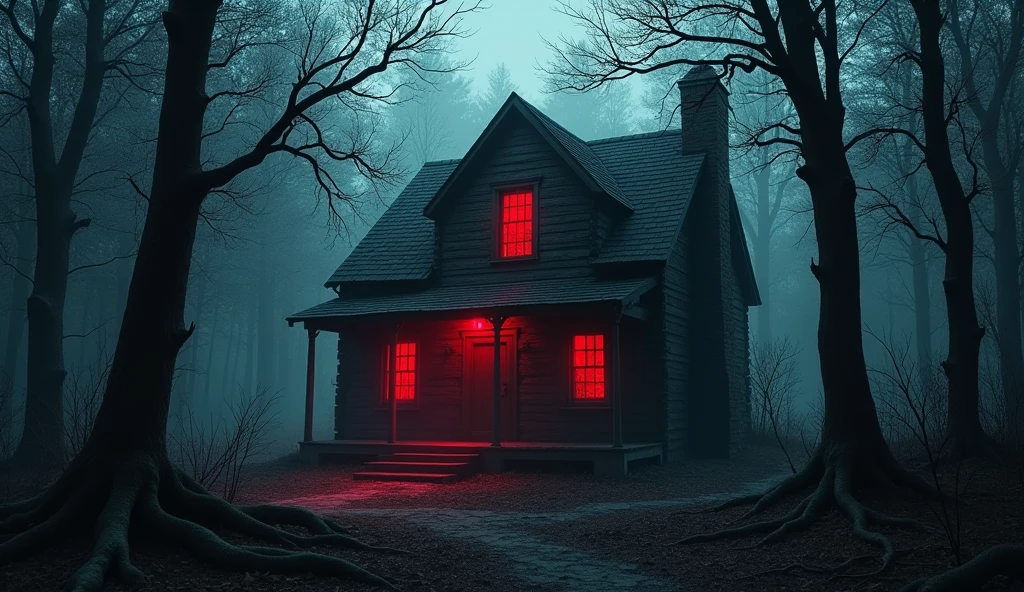To symbolize this story, I suggest an image of an old, dark cabin, lost in the middle of the forest, with an intense and mysterious red light emanating from its windows. This image would capture the element of terror and mystery central to the narrative, evoking curiosity and fear.
