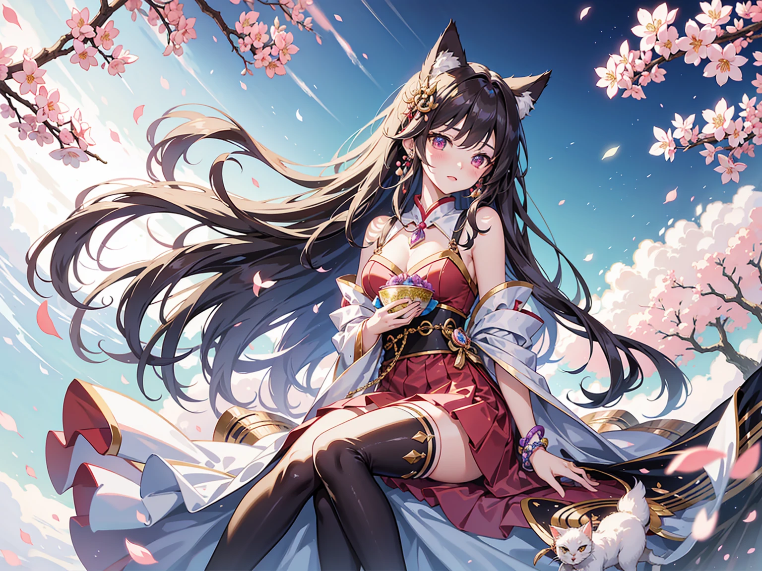 Cat-eared teenage girl，Cheerfulness，(Charmed:0.2)，Highest quality，masterpiece，The ultimate solution，fluffy，A perfect cherry blossom storm、Perfect body，Long straight brown hair，Jewel-like eyes，Polka dot based kimono，(Beautiful costumes)，Shrine maiden costume， Polka dot stockings，Long legs，Muffin Shoes，embroidery，(Rainbow Bubbles:0.3)，Dazzling Light（about:0.5），(Shine:0.3)，firework、gossiper