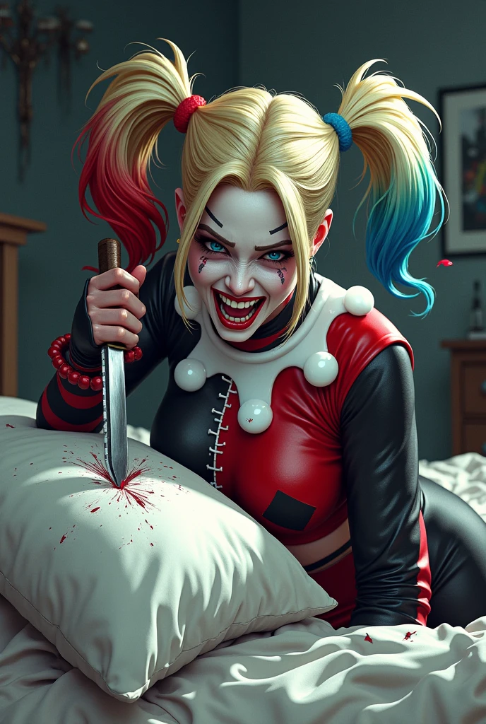 Harley Quinn stabbing bed pillow with knife