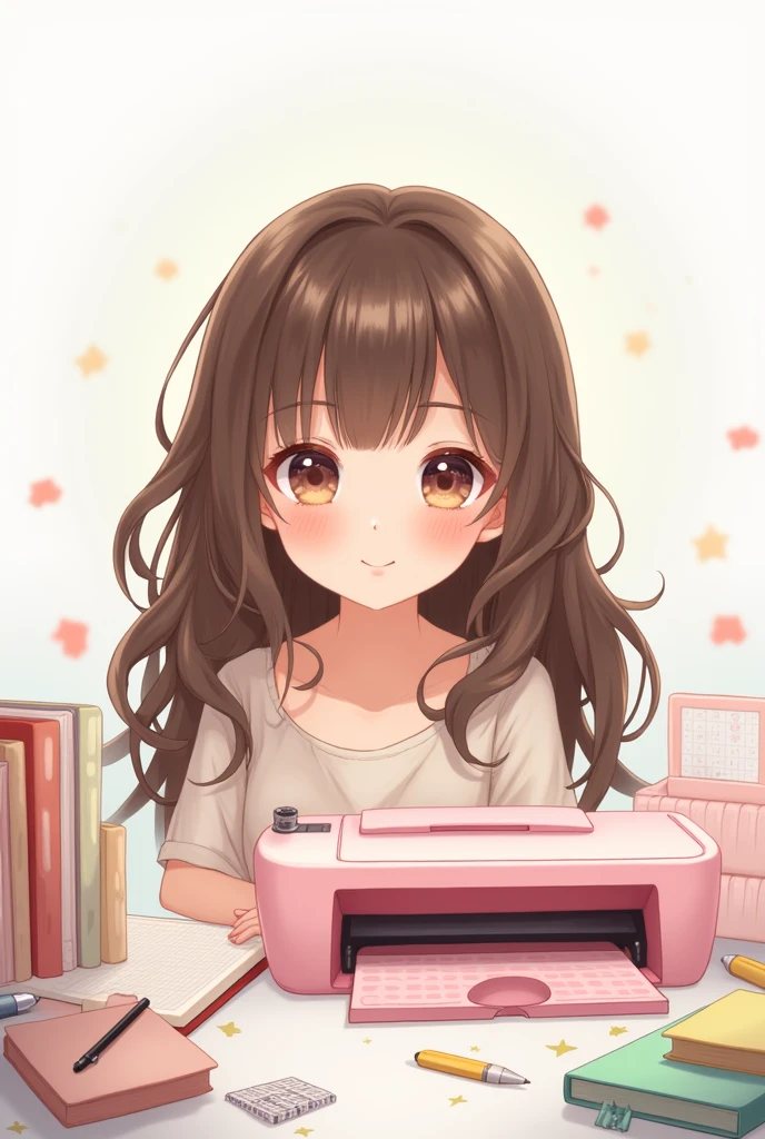 A cute and charming girl with long brown hair With big eyes and cheeks The pink printer and notebooks Delicate drawing Kids White background