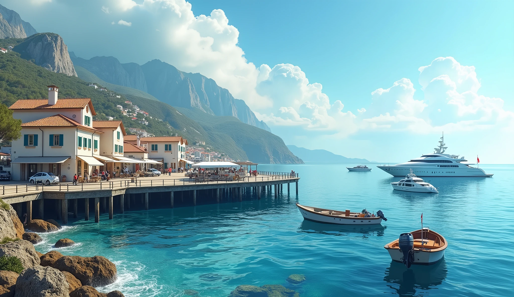 a rustic coastal town pier, view of the sea, fishing boats and a yacht in the water, clear and luminous day, cheerful and tranquil atmosphere, (best quality,4k,8k,highres,masterpiece:1.2),ultra-detailed,(realistic,photorealistic,photo-realistic:1.37),intricate details,dramatic lighting,vibrant colors,landscape,serene,peaceful,idyllic,picturesque