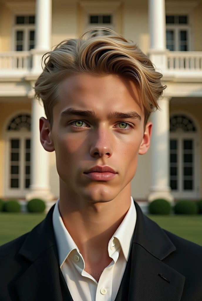 20 year old boy, blond, green eyes with a neoclassical mansion in the background