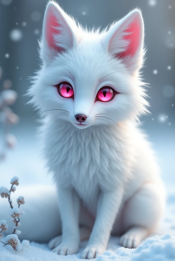 fox animal, snow white fur, pink eyes.