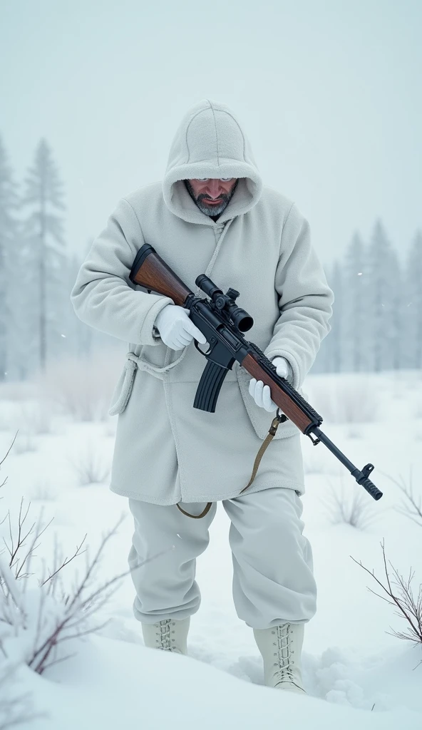 Finnish WWII sniper soldier fully covered in white camouflage from head to toe reloading his unscoped sniper rifle after a successful shot
