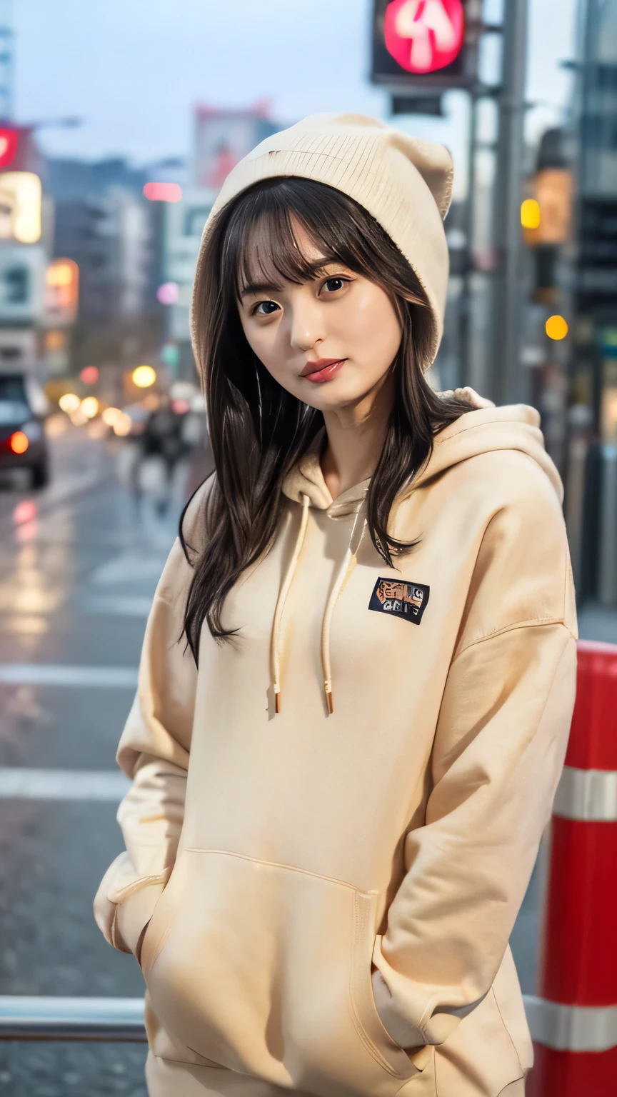 (8k、RAW Photos、Highest quality、masterpiece:1.3)、(Realistic、Realistic)、(Small breasts:1.2)、Perfect limbs、Outdoor、(Shibuya cityscape:1.4)、night、Mid-winter clothing、Knitted hat、stylish、Clothes to wear around town、(hoodie:1.3)