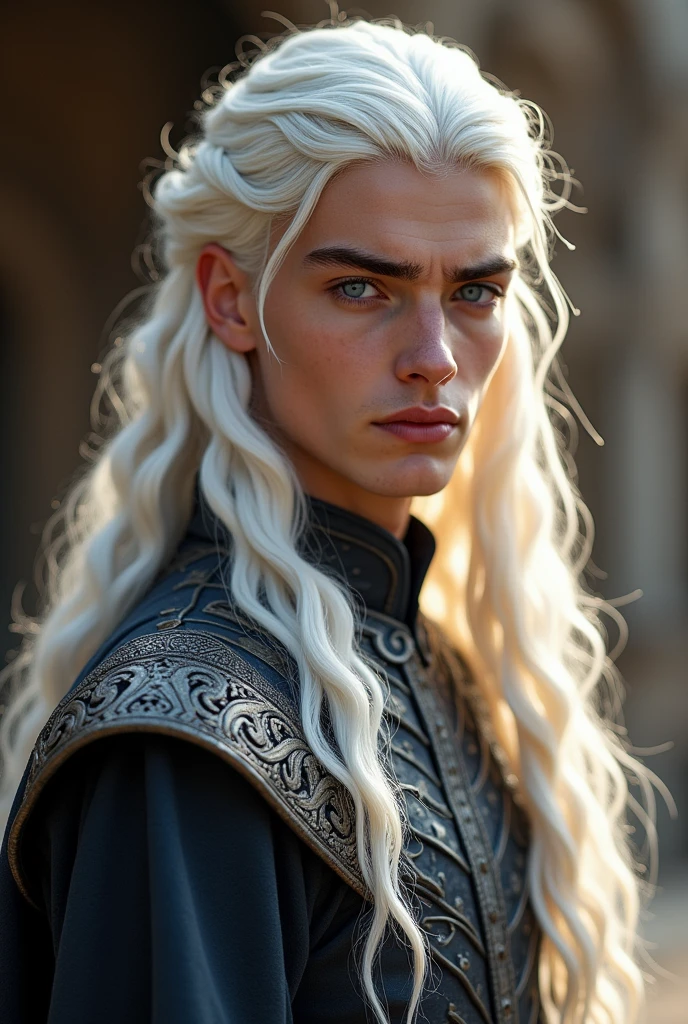 Handsome man,Skin as white as milk,Long hair,Handsome guy,No mustache,Prince Targaryen from the series of the dragons, A young man with glowing platinum hair resembling an ancient Valyrian,Periwinkle Purple eyes