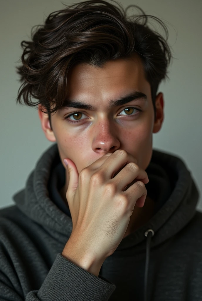 Photo of a handsome 1 teenager covering his mouth with his hand that looks pretty and SUPER MEGA IPER REALISTIC with REALISTIC dark brown eyes that look like a REALISTIC hunter's eyes