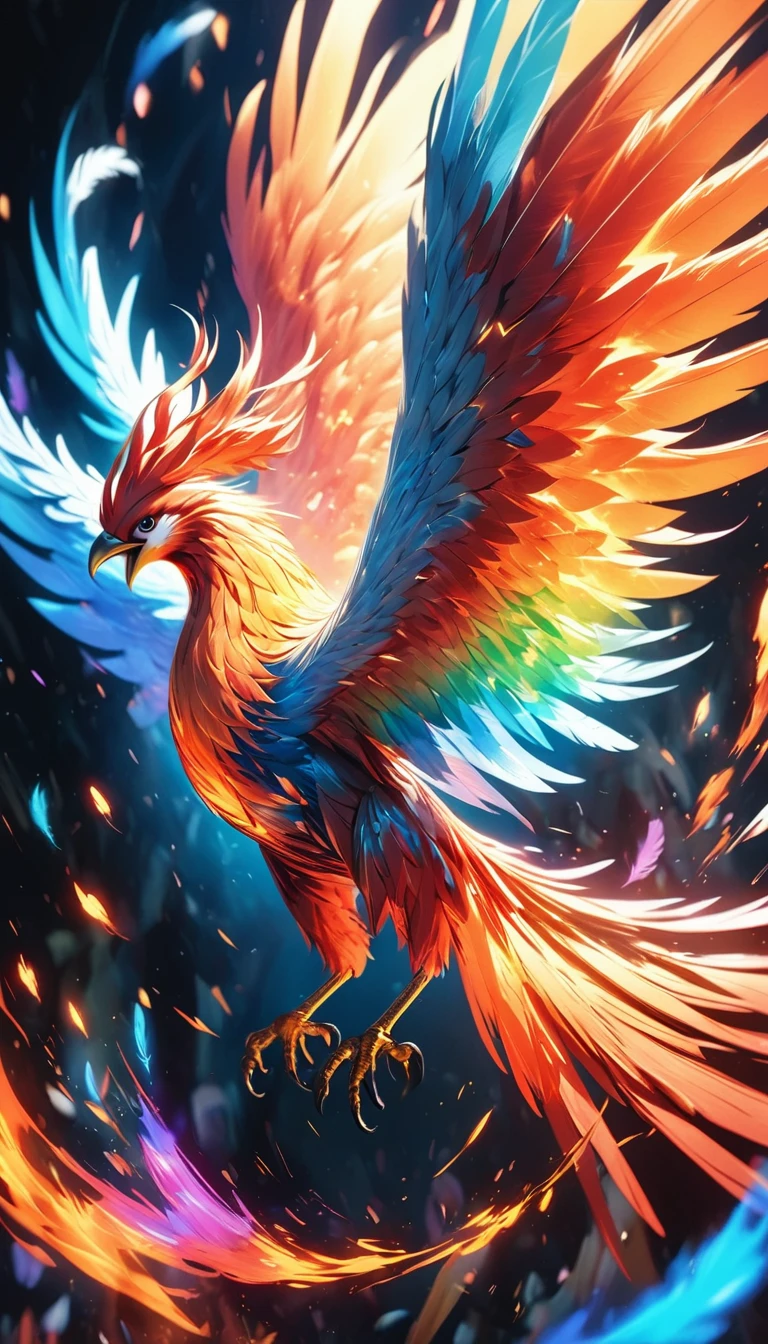 un phénix mythique, Plumes de feu, éclaboussures d'étincelles, ailes enflammées, volant à travers le chaos, éthéré et divin, Photoréaliste, 8k, hyper détaillé, Éclairage dramatique, couleurs vives, surréaliste et abstrait, effets holographiques enflammés, mouvement dynamique