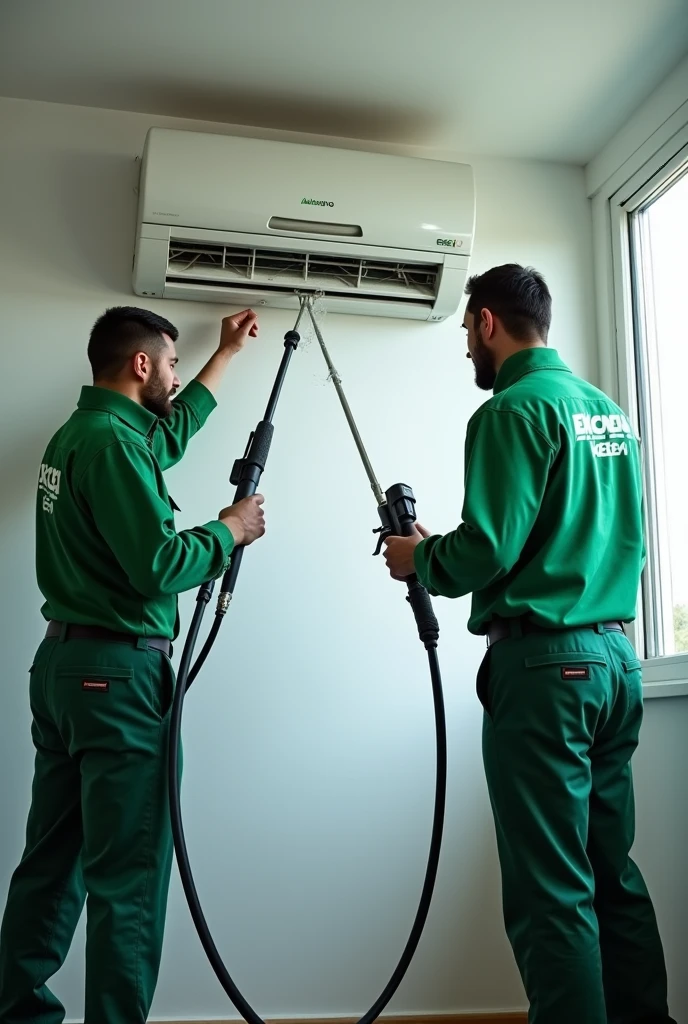 Technicians cleaning split type aircon one indoor unit only holding pressure washer with "excel keen" As their green uniform