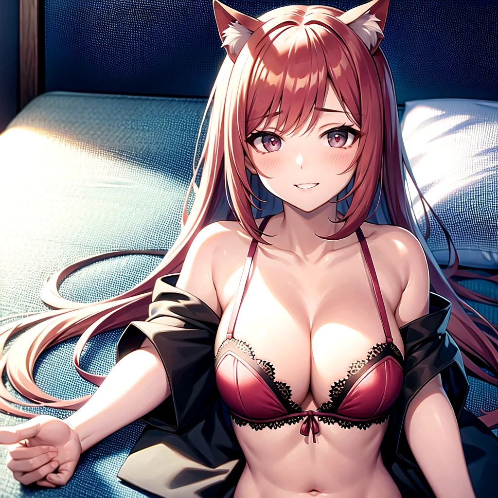 45 year old woman , realisitic 、maximum quality 、Cat's ears 、pink  hair ,White hair , medium hair ,wavy hair, saliva 、orgasming ,cow print bikini ,breasts big ,lying,(arms behind the head),legs spread open ,professional lighting, ((Koharurnd)