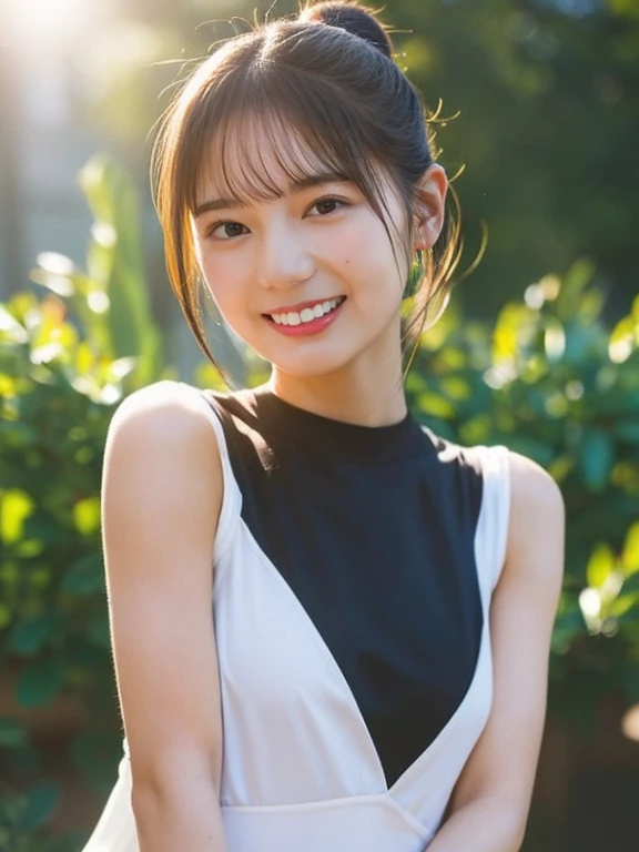 (highest quality,masterpiece:1.3,ultra high resolution),(Super detailed,caustics,8k),(photorealistic:1.4,RAW shooting),1girl,(smile and look down at the camera),(front shot:1.1),(face forward),1,cute,Japanese,black short ponytail,sleeveless dress,(small breasts:1.3),(big boobs),(close up),(breast focus),street,sunshine,Natural light,(Backlight),(A bright light shines from behind),(Lens flare),professional writing,(cowboy shot),(low position:1.3),(Low - Angle:1.3)