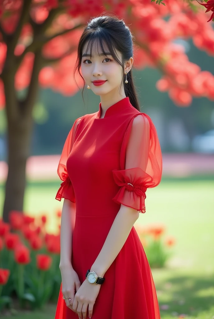 Beautiful Korean Women , smooth white skin, well-groomed face,Korean style updo with bangs,knee length dress, transparent short balloon sleeve,,left and right sleeves with butterfly motif ribbons,the color of the clothes is bright red, white shoes, luxury watch, smiled faintly, posing standing under a red bougainvillea tree. in the city park,there are rabbits roaming around, ,next to the red tulips blooming with a beautiful bokeh background, Realistic original photo.