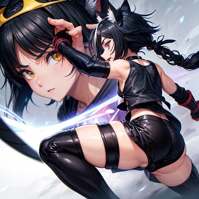 Fantasy, 1 tiny_ Girl, (Loli)++, yo, slender_chcat_ears, Cape,Outdoor,bikini, Shy, (bare_groin,bare_waist)++, hold_huge_sword_hilt, Solo, Thighs, covered_,apart_legs, smile, happy, black_hair, navel_naked, slender_legs,tiny_slender_thighs,dynamic_posing, open_mouth, spread_legs, fang,