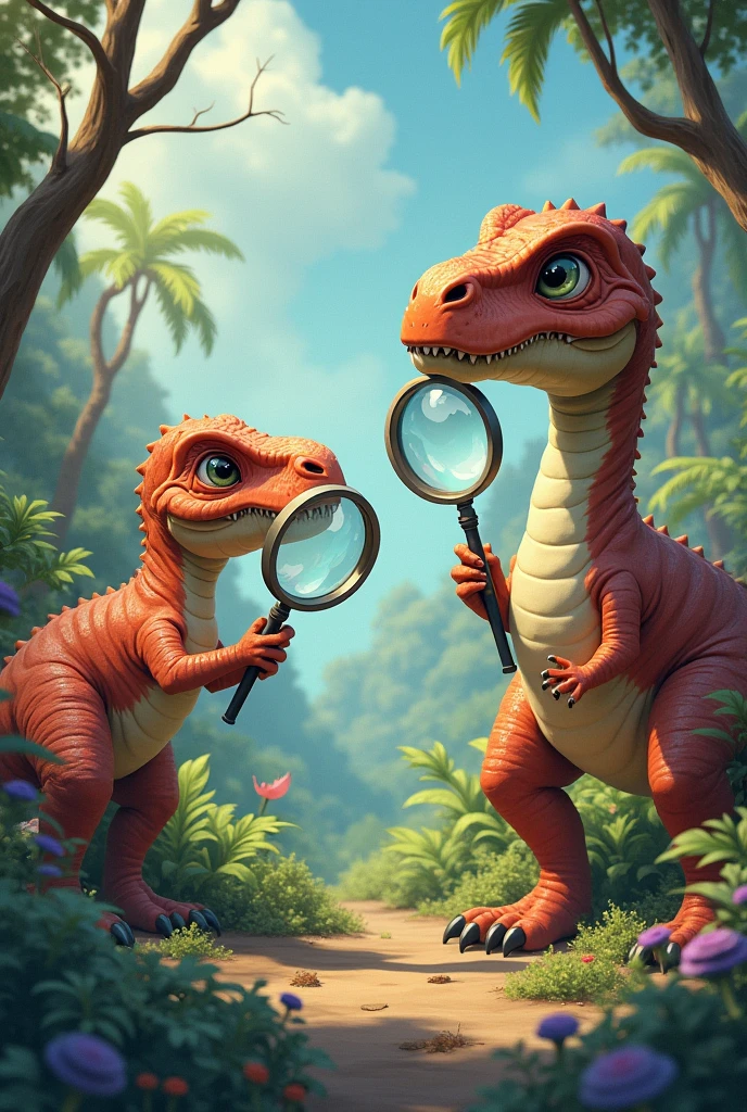 Dinosaurs with brain and magnifying glass for kids 