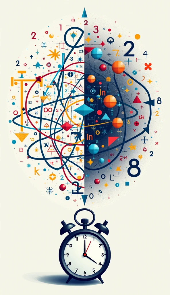 Visual Puzzle Solution**: An illustration of a complex visual puzzle or mathematical problem on one side and a completed solution on the other, with a stopwatch indicating the 20-second timeframe.