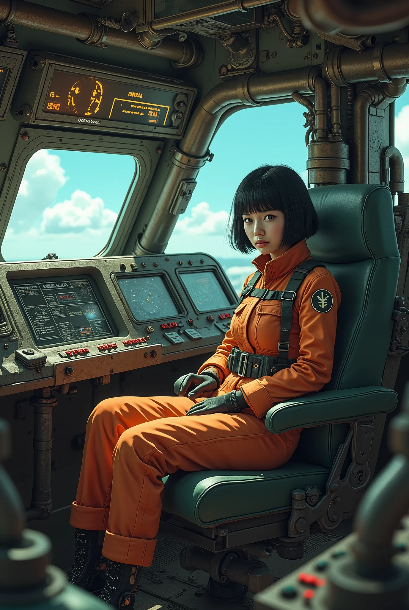 Cockpit of a giant steam-powered robot、A narrow space filled with pipes、Control sticks are located on the left and right、A large monitor showing the outside view、Front and left and right placement、Rugged seat、Japanese women、Retro Pilot Suit、Black Hair、Bobcut、Real、Finish like a photo
